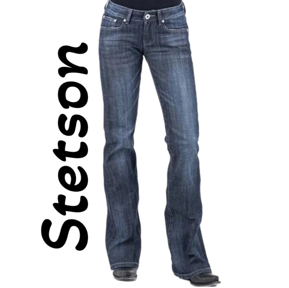 Stetson Womens Classic Bootcut Blue Jeans Denim Slight Distressed Jeans Sz 18R